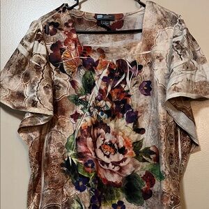 Alfani Brown Cream Floral Scoop Neck Tunic with Purple & Green Accents